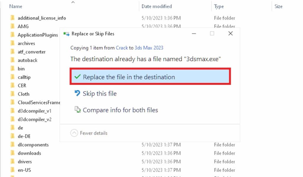 chọn Replace the file in the destination và chọn Continue.