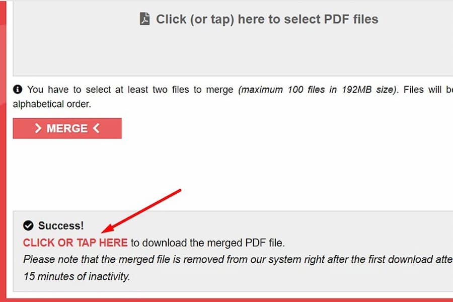 Sau khi quá trình ghép nối file xong bạn chọn Click Or Tap Here để tải tệp vừa ghép về máy