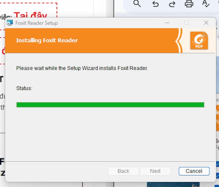 chờ đợi trong vòng vài phút cho phần mềm Foxit Reader Full Crack cài đặt