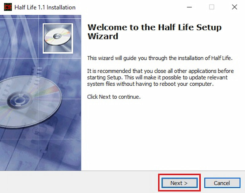 “Next” để bắt đầu quá trình cài đặt game Half Life 1.1