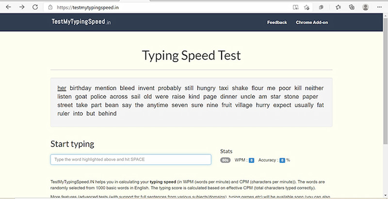 Kiểm tra tại web TestMyTypingSpeed.in