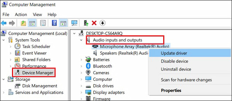 Audio inputs and outputs => Microphone => Chọn Update driver