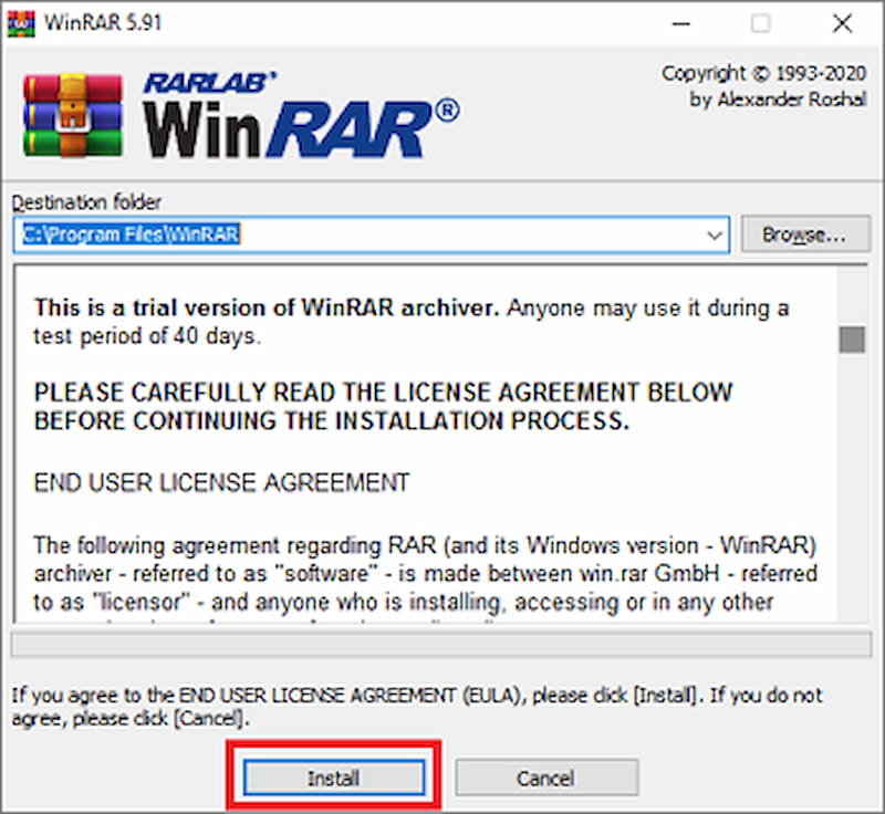 Click vào Install để cài đặt WinRAR 64bit