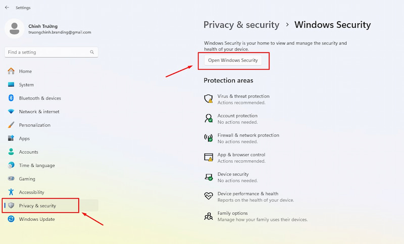  Chọn Open Windows Security 