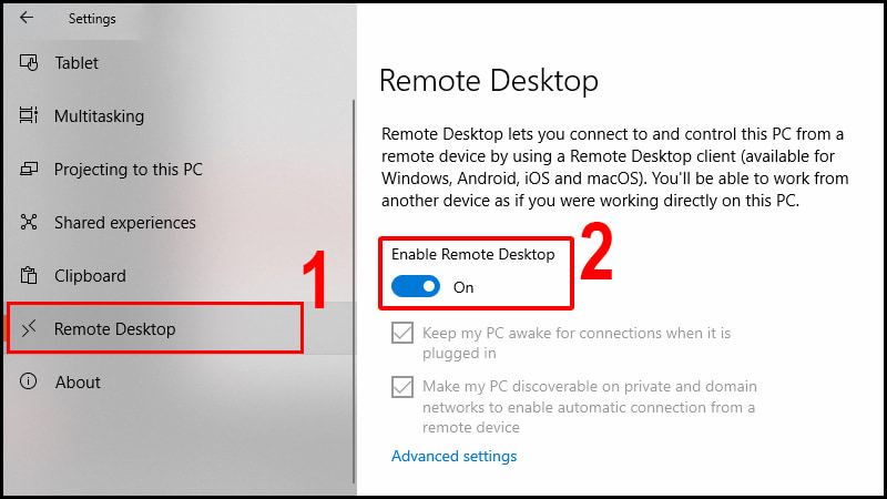 Chuyển Enable Remote Desktop sang trạng thái ON