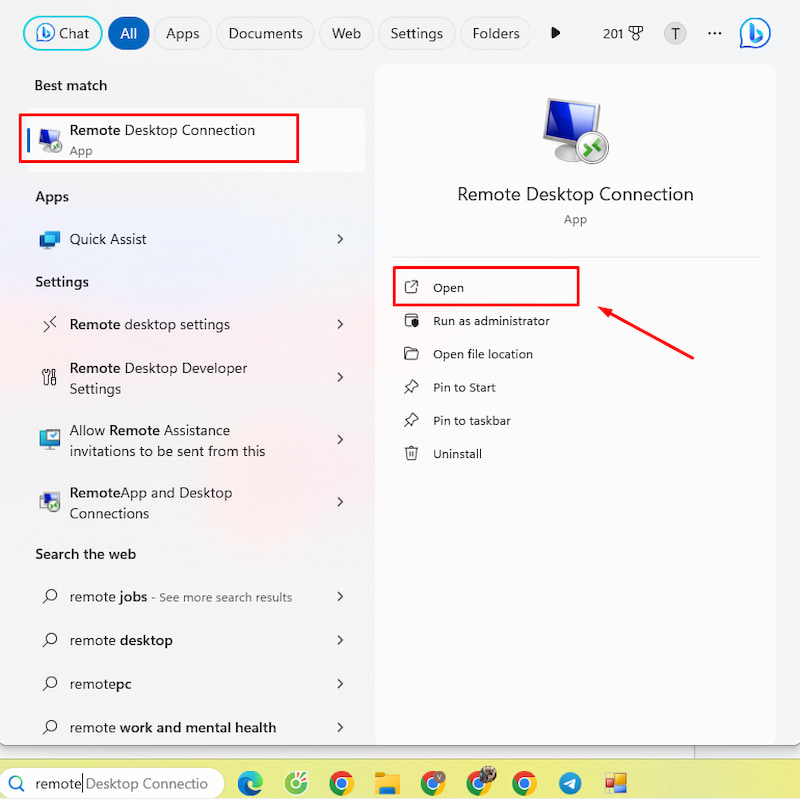 Nhấn Open để mở Remote Desktop Connection