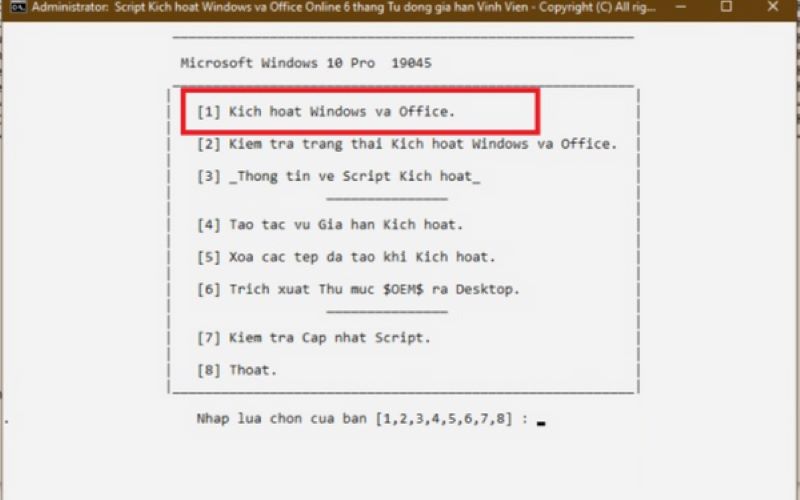 Chọn tùy chọn “1” để kích hoạt Windows và Office