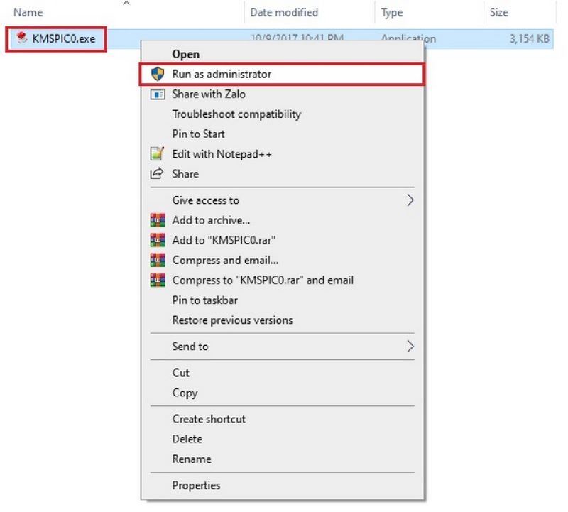  Mở file KMSpico.exe, sau đó nhấp chuột phải và chọn "Run as administrator"
