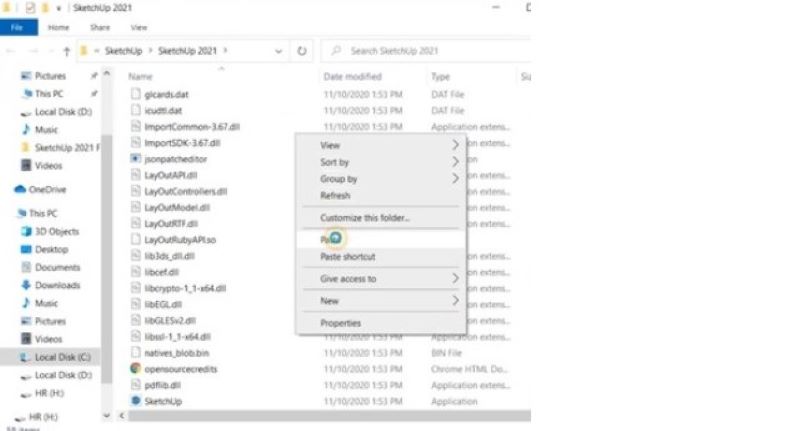 Vào thư mục Sketchup 2021 và dán (paste) toàn bộ các tệp vừa sao chép