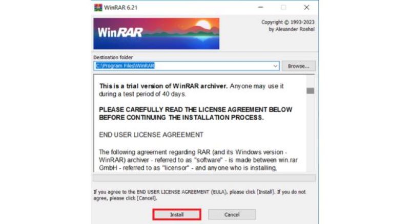 Để khởi động quá trình cài đặt Winrar, bạn hãy nhấn vào nút "Install"